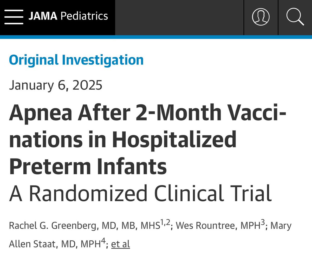 TheChiefNerd's tweet photo. “In this randomized clinical trial of 223 infants born at less than 33 weeks’ gestational age, the odds of apnea within 48 hours were higher in infants who received 2-month vaccinations compared to infants who did not, with no difference in number or severity of events between groups.

The primary outcome was apnea, defined as a respiration pause greater than 20 seconds or a respiration pause greater than 15 seconds with associated bradycardia less than 80 beats per minute.

The proportion of infants with 1 or more apnea event was 25 of 105 (24%) in the vaccinated group vs 12 of 116 (10%) in the unvaccinated group.“