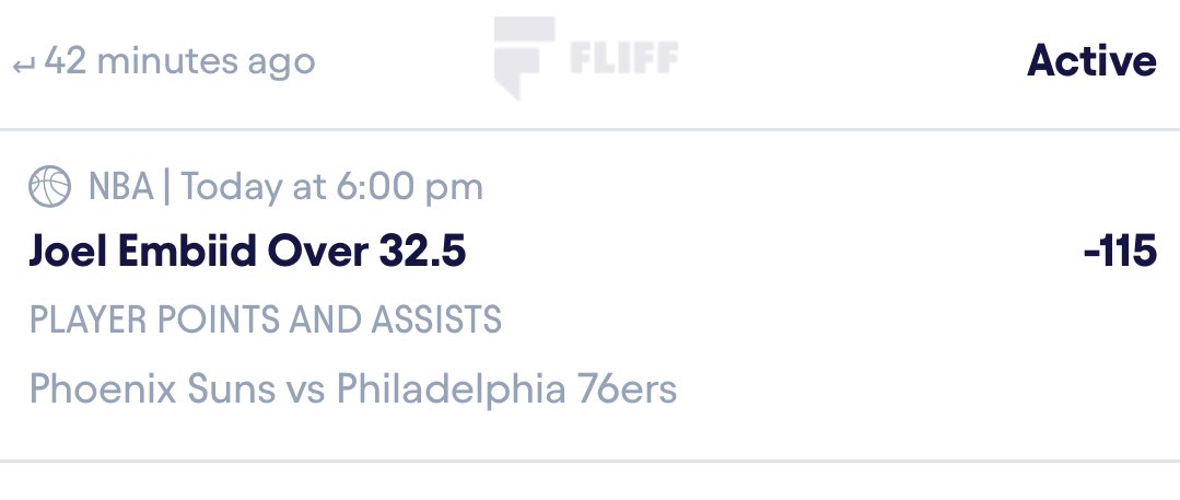 RichOffOdds's tweet photo. Best Play on Fliff today, Running it back with Joel Embiid over 32.5 P+A -115 
Great matchup and amazing value avg odds are -135
#Fliff #GamblingTwitter #NBA https://t.co/u5n7oK8Fbv
