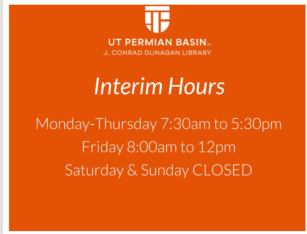 UTPBFALCONLIB's tweet photo. Hi Falcons!
Welcome back from the break!
Here are our hours before we resume regular term hours for Spring 2025!
#UTPBLibrary #LibraryHours https://t.co/FmiWS5roR9