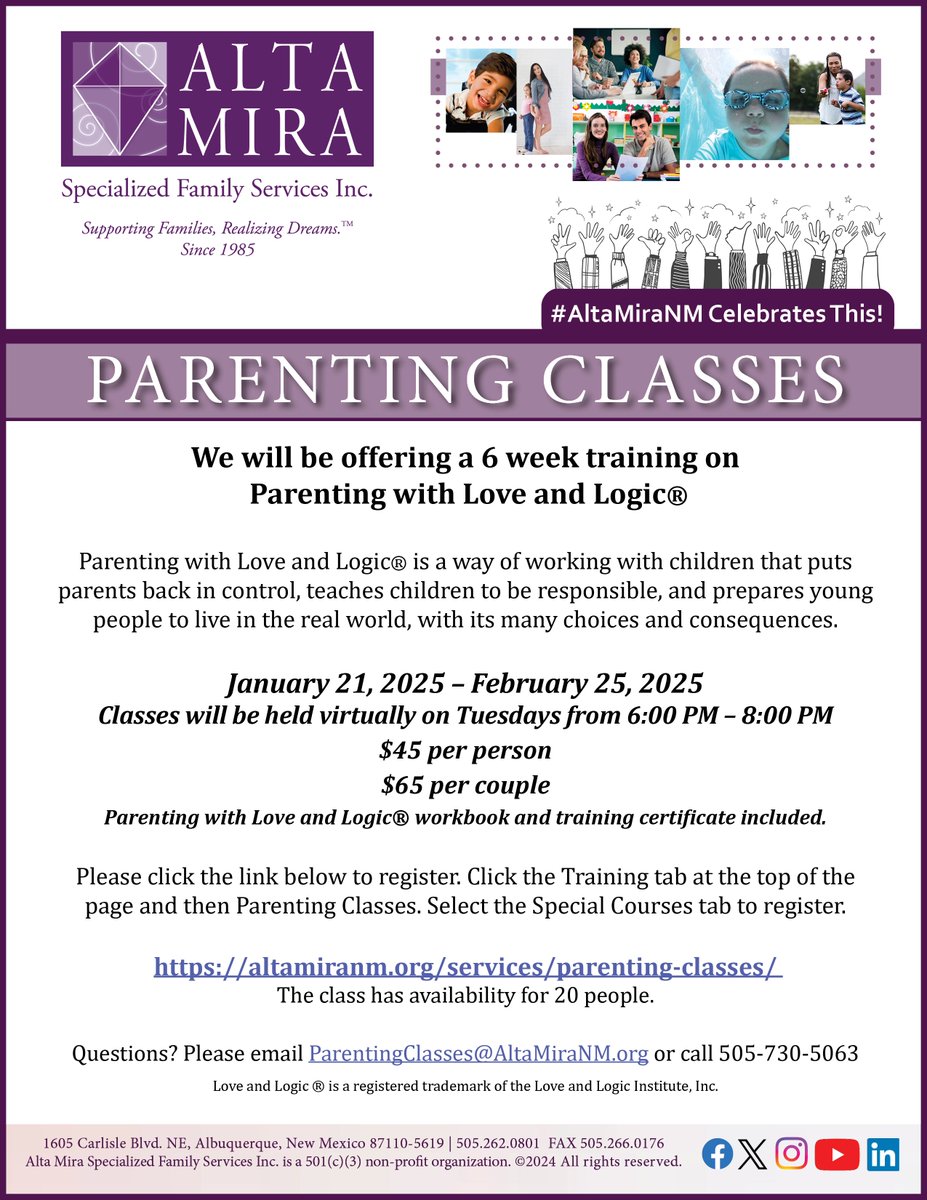 AltaMiraNM's tweet image. Alta Mira Specialized Family Services Inc. will offer a 6 week training on Parenting with Love and Logic®. There still is time to register.
Please share if you know someone who may be interested: altamiranm.org/services/paren…
#IDDCommunity #parentingclasses #nonprofitorganization