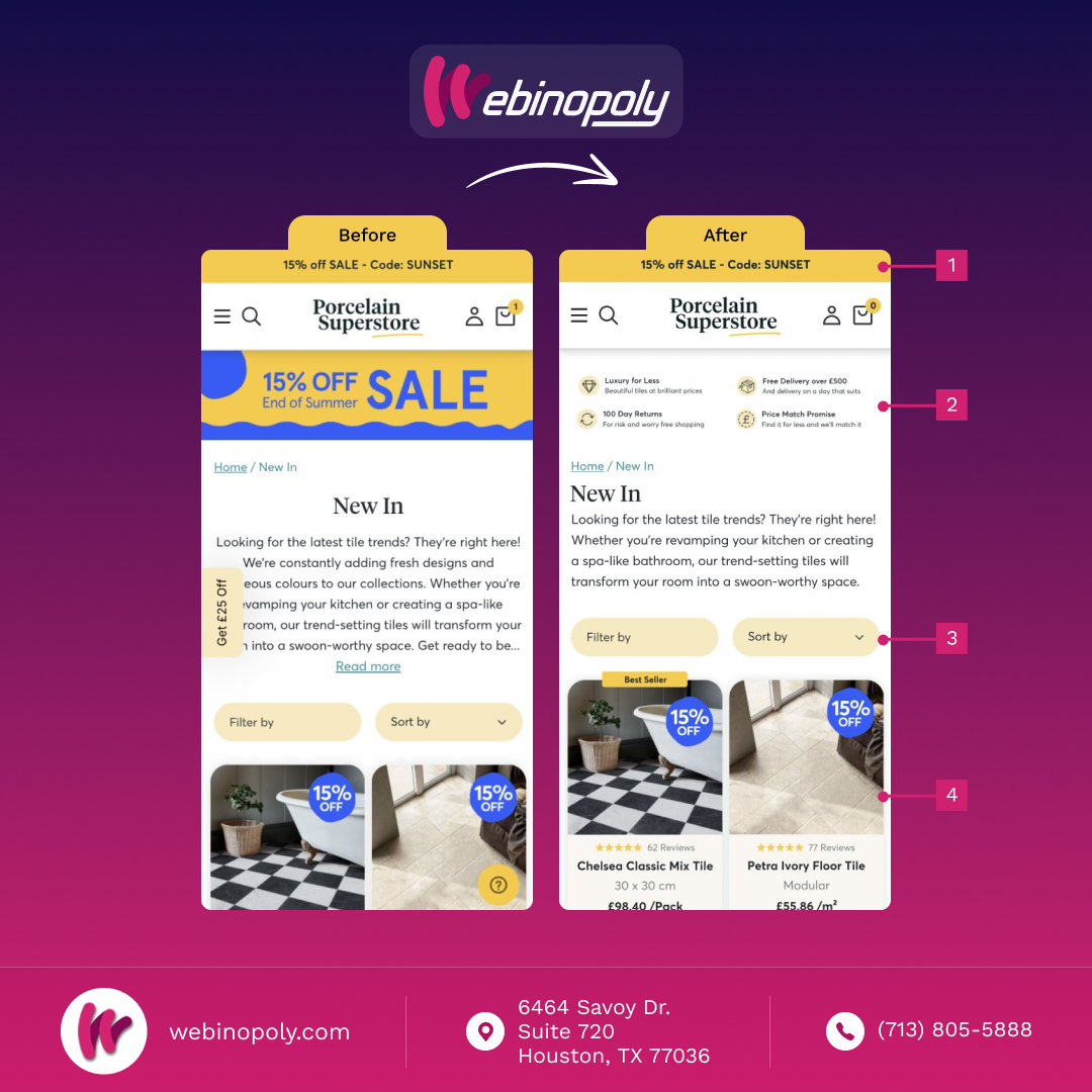 Webinopoly's tweet photo. 75% of shoppers trust “Best Sellers.”

Porcelain superstore fixes:

-Sleek Notification Bar
-Highlight Store Benefits
-Add Filter/Sorting Bar
-Showcase Best Sellers
💡 Let’s discuss! Learn more.

#cro #croexperts #croagency #PorcelainSuperstores #CollectionPage #webinopoly https://t.co/7MixjtolOU