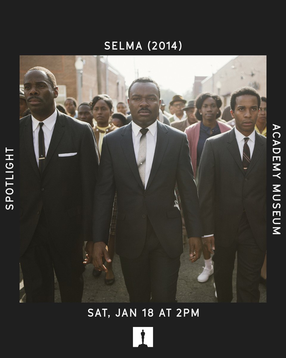 TheAcademy's tweet photo. SELMA (10th Anniversary Screening)

In person: actor Omar Dorsey, filmmaker and Academy Directors Branch Governor Ava DuVernay, actor Carmen Ejogo, actor Andre Holland, actor David Oyelowo, actor Wendell Pierce, actor LaKeith Stanfield, actor Lorraine Toussaint, actor and producer Oprah Winfrey.

🗓️ January 18th at 2PM
🎟️ https://t.co/1kq84DqaH8
