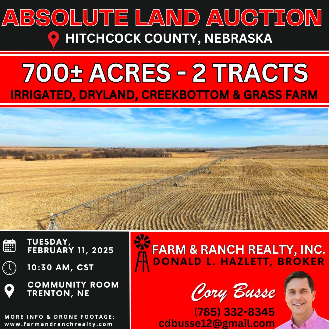 Nebraska Land Auction Alert! 📍 

BIDDING CAN BE DONE IN PERSON, ONLINE OR BY PHONE! 

Farm &amp; Ranch Realty, Inc. 
Donald L. Hazlett, Broker 
Cory Busse, Listing Agent
📞 (785) 332-8345
🌐  farmandranchrealty.com

#LandForSale #NebraskaRealEstate #FarmAndRanchRealty #LandAuction