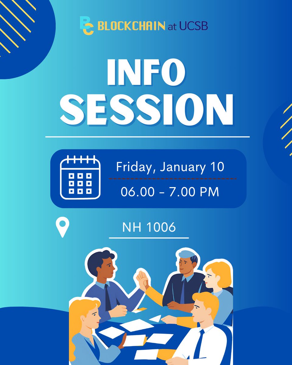 BlockchainUCSB's tweet image. 🚀 Welcome back, Gauchos!

We’re kicking off Winter Quarter with some exciting plans! 🎉 Join us for our Info Session this Friday, Jan 10th (6-7 PM) at NH 1006.

👋 Meet the team, learn about blockchain, and hear all about the awesome events we’ve got lined up! Don’t miss it!