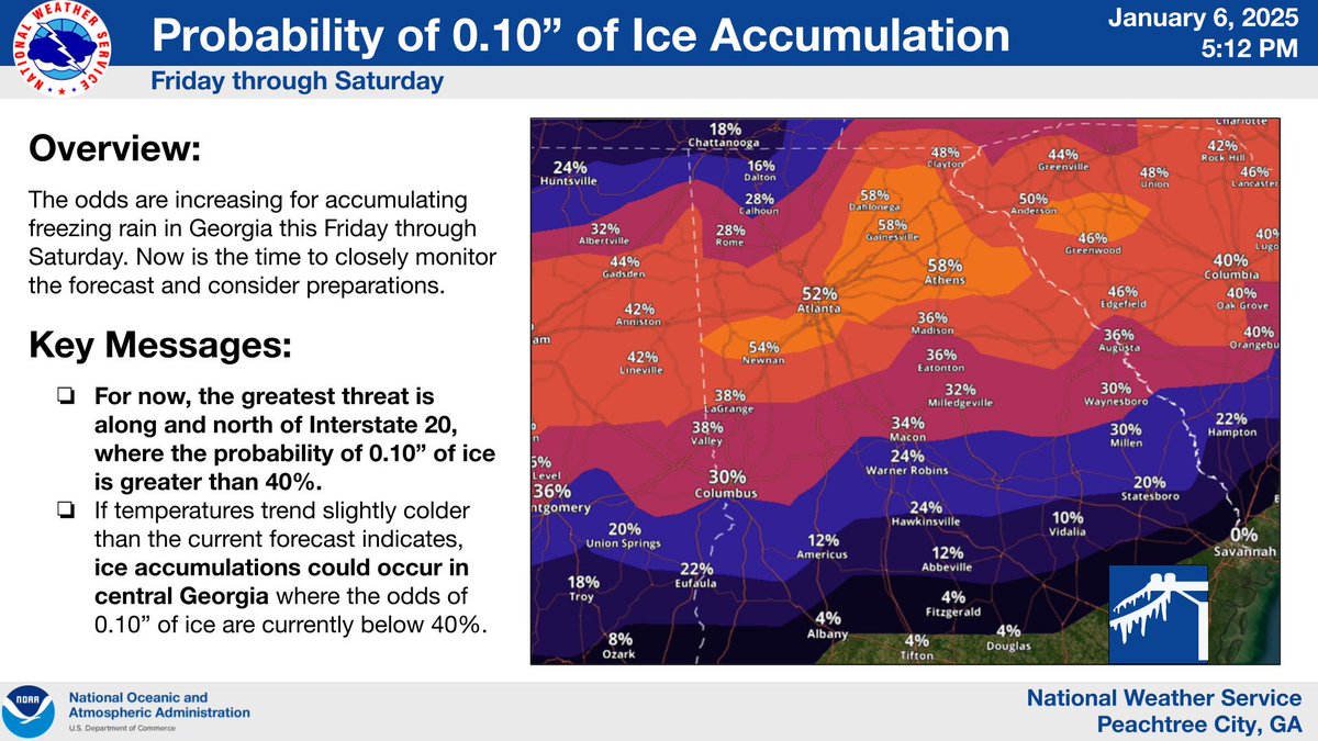 NWSAtlanta's tweet image. (1/2) Our confidence is increasing in 🧊freezing rain &amp;amp; ice accumulations🧊 later this week across parts of north GA. For now, those along &amp;amp; north of the I-20 corridor should closely monitor the forecast &amp;amp; consider preparations in the event that travel becomes hazardous. #gawx