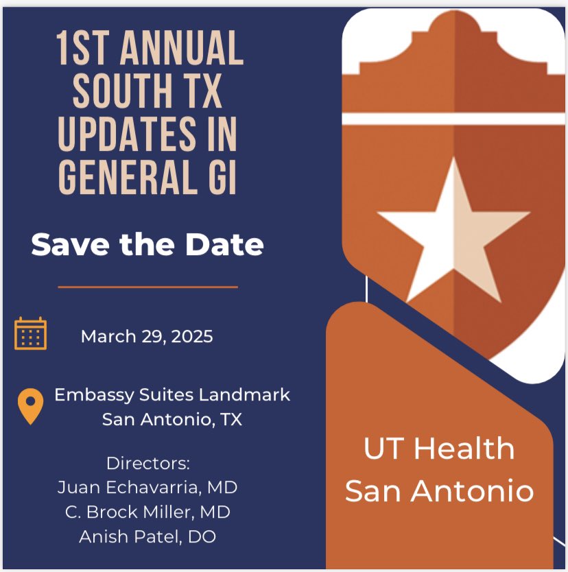 UT Health Gastroenterology (@uthealthgastro) on Twitter photo We are excited to announce the 1st Annual South Texas Updates in General GIÂ symposium!
đź’ĄInvited speakers from across the country
đź’ĄCutting edge updates in general GI
đź’ĄNetworking opportunities
Stay tuned for more updates on the full agenda!
<a href="/ChahalPrabhleen/">Prabhleen Chahal MD,FASGE,FACG</a> We are excited to announce the 1st Annual South Texas Updates in General GIÂ symposium!
đź’ĄInvited speakers from across the country
đź’ĄCutting edge updates in general GI
đź’ĄNetworking opportunities
Stay tuned for more updates on the full agenda!
<a href="/ChahalPrabhleen/">Prabhleen Chahal MD,FASGE,FACG</a>