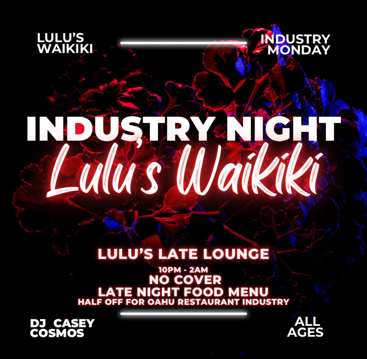 Happy First Industry Monday of the year! 🎉 Live music with #thaddeus_jennings from 7-10 PM, then Birthday Boy #caseycosmos spins mellow house beats till 2 AM.

Half-off food &amp; drinks all day/night + late-night menu. No cover. All ages. Come vibe with us! 🌴🎸✨ #Aloha