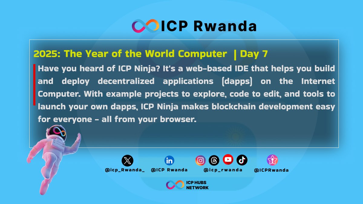🚀 𝟮𝟬𝟮𝟱: 𝗧𝗵𝗲 𝗬𝗲𝗮𝗿 𝗼𝗳 𝘁𝗵𝗲 𝗪𝗼𝗿𝗹𝗱 𝗖𝗼𝗺𝗽𝘂𝘁𝗲𝗿 ♾

𝗗𝗮𝘆 𝟳/𝟯𝟲𝟱: 𝗜𝗖𝗣 𝗡𝗶𝗻𝗷𝗮 is your gateway to building &amp; deploying decentralized applications (dapps) on the Internet Computer (ICP). Whether you're a beginner or seasoned developer, this web-based