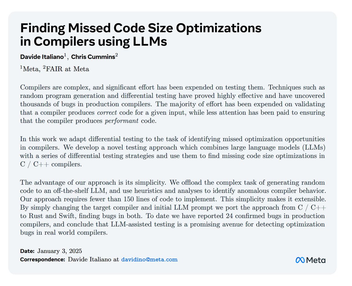 matt_dz's tweet image. Finding Missed Code Size Optimizations in Compilers using LLMs
arxiv.org/abs/2501.00655
Davide Italiano (@davidecci), Chris Cummins (@iamchriscummins)
International Conference on Compiler Construction (@acm_cc_conf) 2025