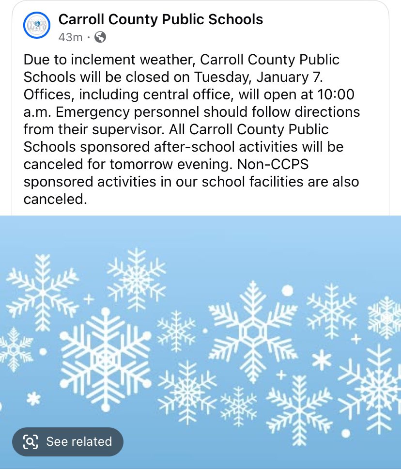 Due to inclement weather, Carroll County Public Schools will be closed on Tuesday, January 7. #carrollcountymd