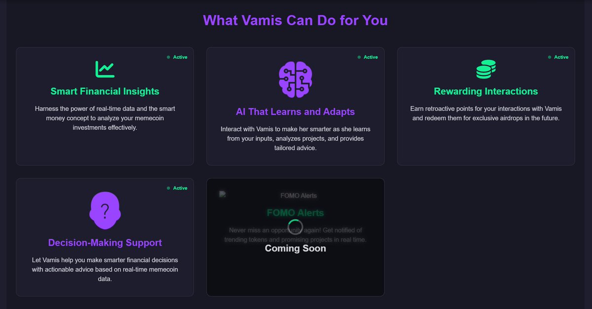 Vamis_ai's tweet photo. We have core feature: 

1. Smart Financial Insights

Harness the power of real-time data and the smart money concept to analyze your memecoin and ai agent token investments effectively. https://t.co/DHLXBTIHzS