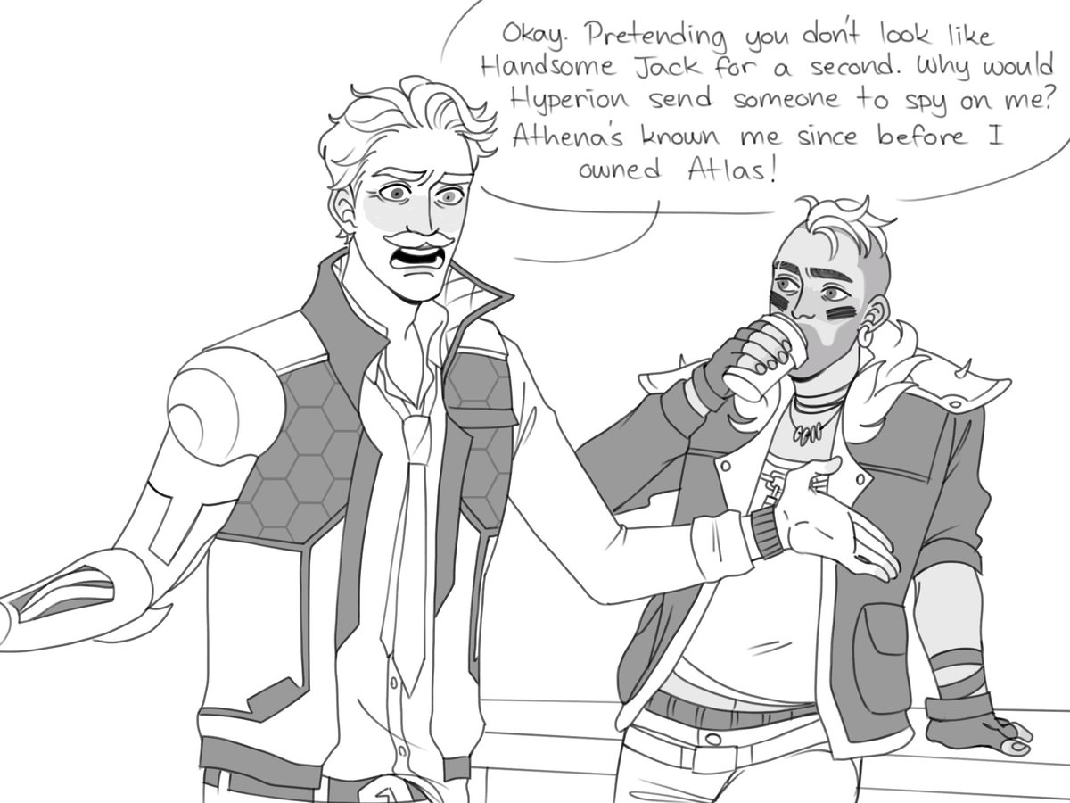 #rhysothyweek2025 day 1: first meeting

I just can't get the idea of Athena hiring Tim after the casino and sending his ass to Promethea to spy on Rhys out of my head

#borderlands #rhysothy 