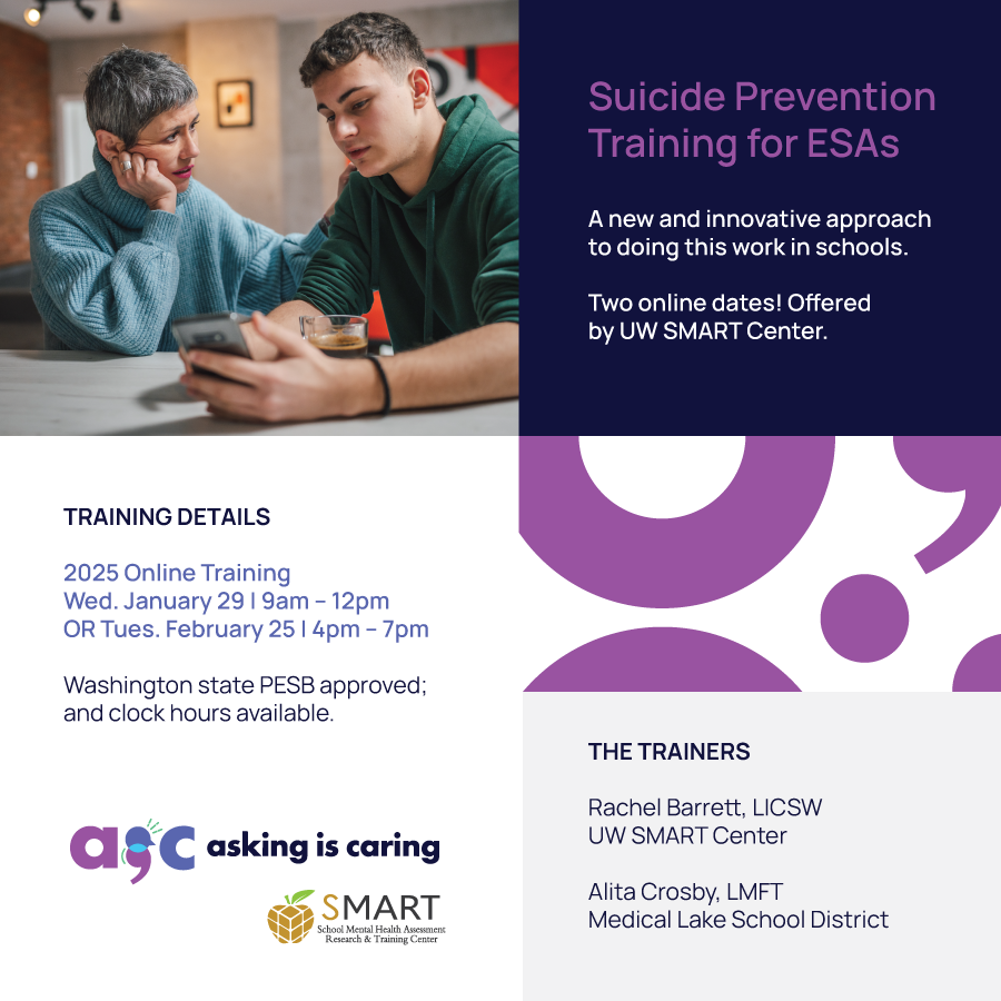 ESAs, join our innovative Suicide Prevention Training!

🗓️ 2025 Online:
Jan 29 | 9am–12pm -or- Feb 25 | 4pm–7pm
✅PESB-Approved ✅Comprehensive Materials  ✅Enhance your skills to support student #mentalhealth. 

Register now: smartcenter.uw.edu/asking-is-cari…