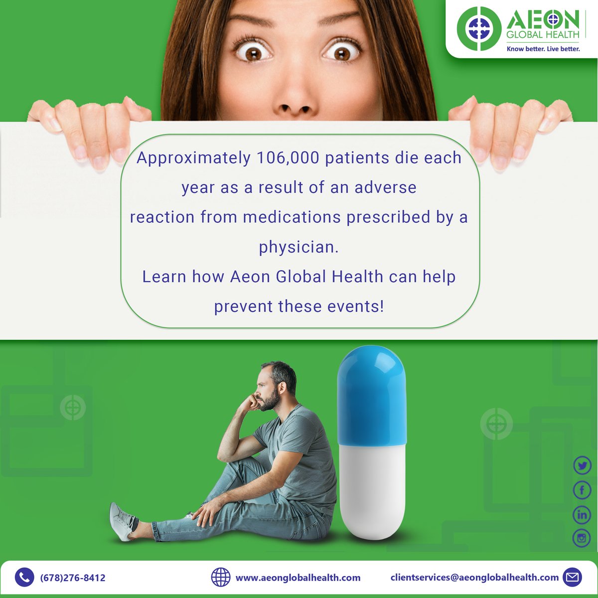AEON_AGHC's tweet photo. Approximately 106,000 patients die each year as a result of an adverse reaction from medications prescribed by a physician.

#AEON #AEONGlobalHealth #Laboratory #Marketing #NewYear2025 https://t.co/eCKYe1xRkf