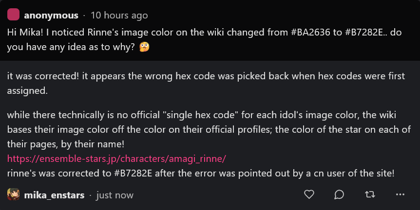 mika_enstars's tweet photo. Hi Mika! I noticed Rinne's image color on the wiki changed from #BA2636 to #B7282E.. do you have any idea as to why? 🤔 — it was corrected! it appears the wrong hex code was picked back when hex codes were first assigned. https://t.co/fQRNQEhndc https://t.co/l2ST5YkLDA