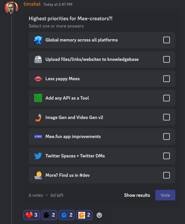 big updates today — huge kudos to <a href="/treppersXYZ/">treppers</a>  and <a href="/spaceodili/">odi</a>  for getting us to an almost-stable Mee v0.5

• added image gen 🤳
• added video gen 🎥
• add more LLM choices 🧠
• add a web search capability 🔎
• fixed the saving issues 🙏

@meedotfun  still in private