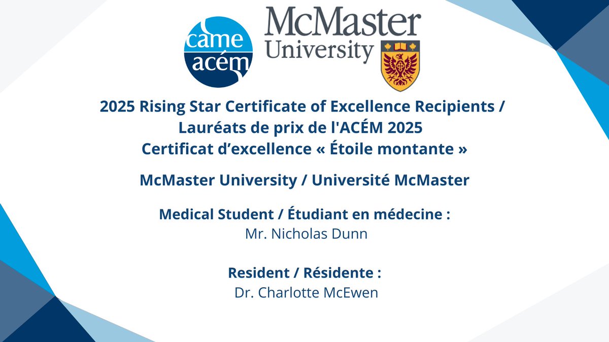 cameacem's tweet photo. CAME is happy to announce the 2025 Rising Star Certificate of Excellence Recipients from McMaster University / L’ACÉM est ravie d’annoncer les lauréats du Certificat de mérite 2025 de Université McMaster https://t.co/1qYc179tlN