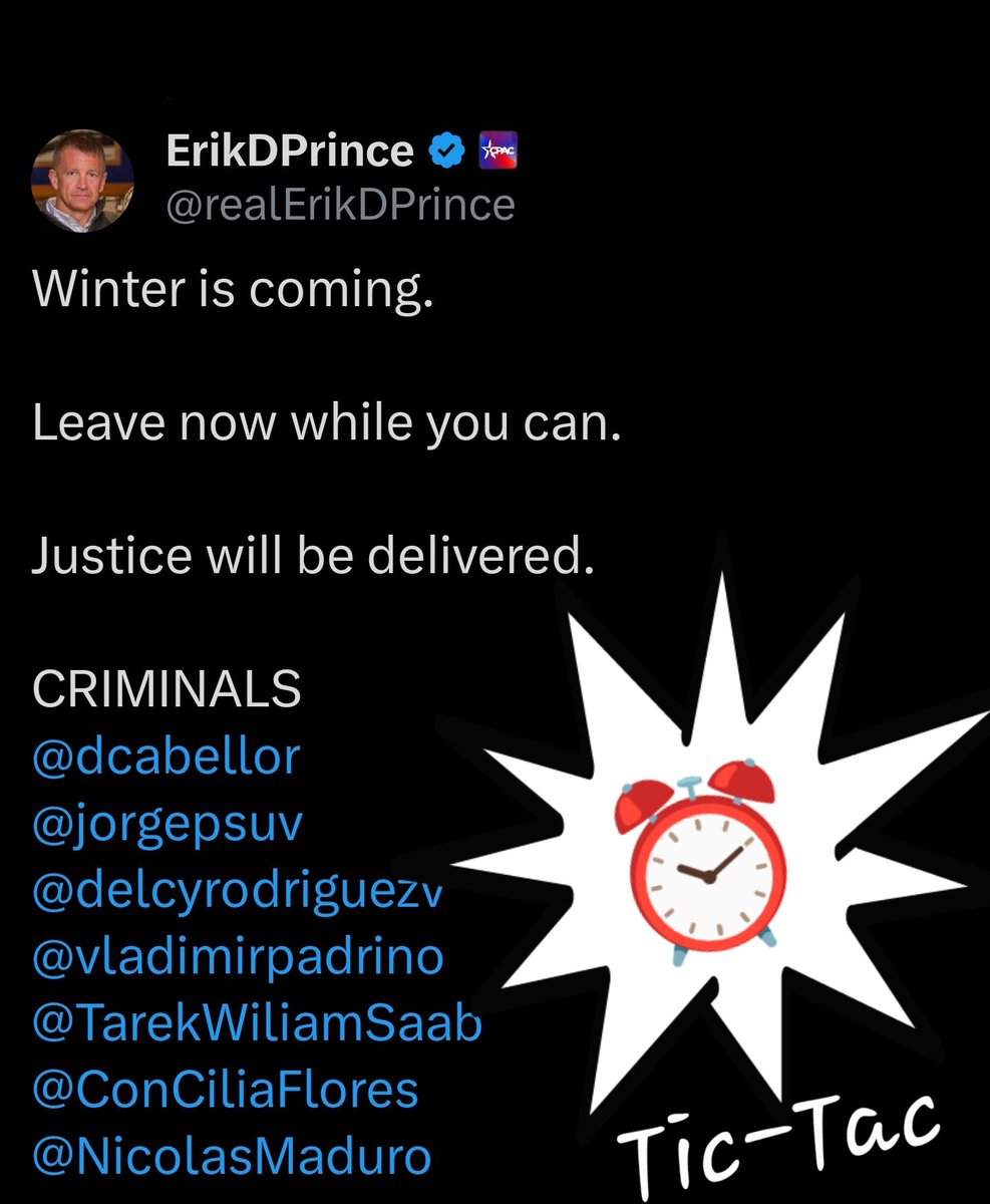 Panzarelli's tweet photo. @realErikDPrince @dcabellor @jorgepsuv @delcyrodriguezv @vladimirpadrino @TarekWiliamSaab @ConCiliaFlores @NicolasMaduro @MariaCorinaYA @yacasivenezuela The time is over!... Tic- Tac  Tic-Tac https://t.co/hpk7xefJt6