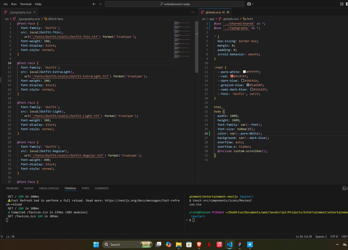 raheemdevs's tweet image. 🚀 Making strides on the #FrontendMentor entertainment challenge with #NextJS! 🎉

✅ Local fonts for lightning-fast speed
✅ CSS variables for easy color management
✅ Crafted &amp;amp; styled a sleek header component

Next: making it responsive and implement the login &amp;amp; signup pages✨