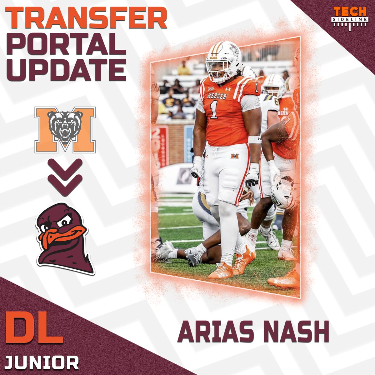 TechSideline's tweet photo. The #Hokies snag a defensive line transfer from Mercer big man Arias Nash (6-1, 275).

@_anash7_ racked up nine sacks and 12.5 tackles for loss this season. 

He has one year of eligibility remaining. https://t.co/PukTq5SitW