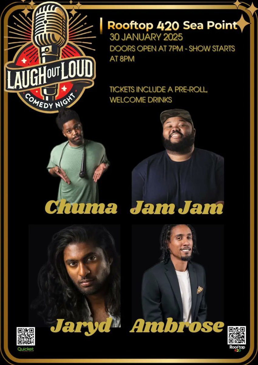 **LAUGH OUT LOUD AT ROOFTOP420!**
**🎫  – grab your tickets now!**  
 qkt.io/RKrd2h

We’re ready to bring the laughs, the vibes, and the fun – are you? 🌿  

#LaughOutLoud #ComedyNight #Rooftop420SeaPoint #CapeTownComedy #GoodVibes
