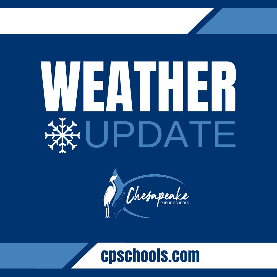 To ensure the safety of our students and staff, Chesapeake Public Schools will operate on a two-hour delay on Tuesday, January 7, 2025, due to the potential for hazardous road conditions. For more information, please visit our website: cpschools.com/emergency.