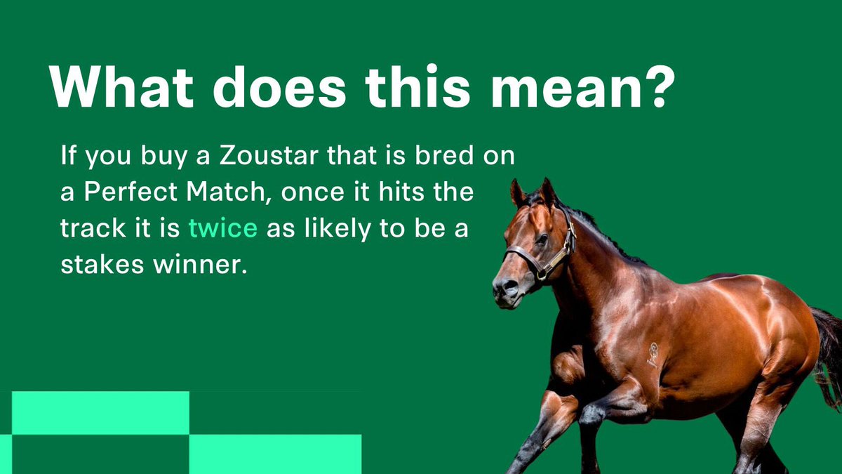 stallionmatch's tweet image. Did you know? A Zoustar bred on a 20/20 Match gives you a 1 in 8 chance of producing a stakes winner 🏆 With a 12.39% SW/Rnrs, that’s almost double his overall average. 

Check out the Perfect Matches by Zoustar @mmsnippets GC below ⬇️

#StallionMatch #MagicMillions