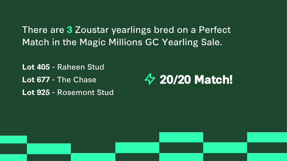 stallionmatch's tweet image. Did you know? A Zoustar bred on a 20/20 Match gives you a 1 in 8 chance of producing a stakes winner 🏆 With a 12.39% SW/Rnrs, that’s almost double his overall average. 

Check out the Perfect Matches by Zoustar @mmsnippets GC below ⬇️

#StallionMatch #MagicMillions