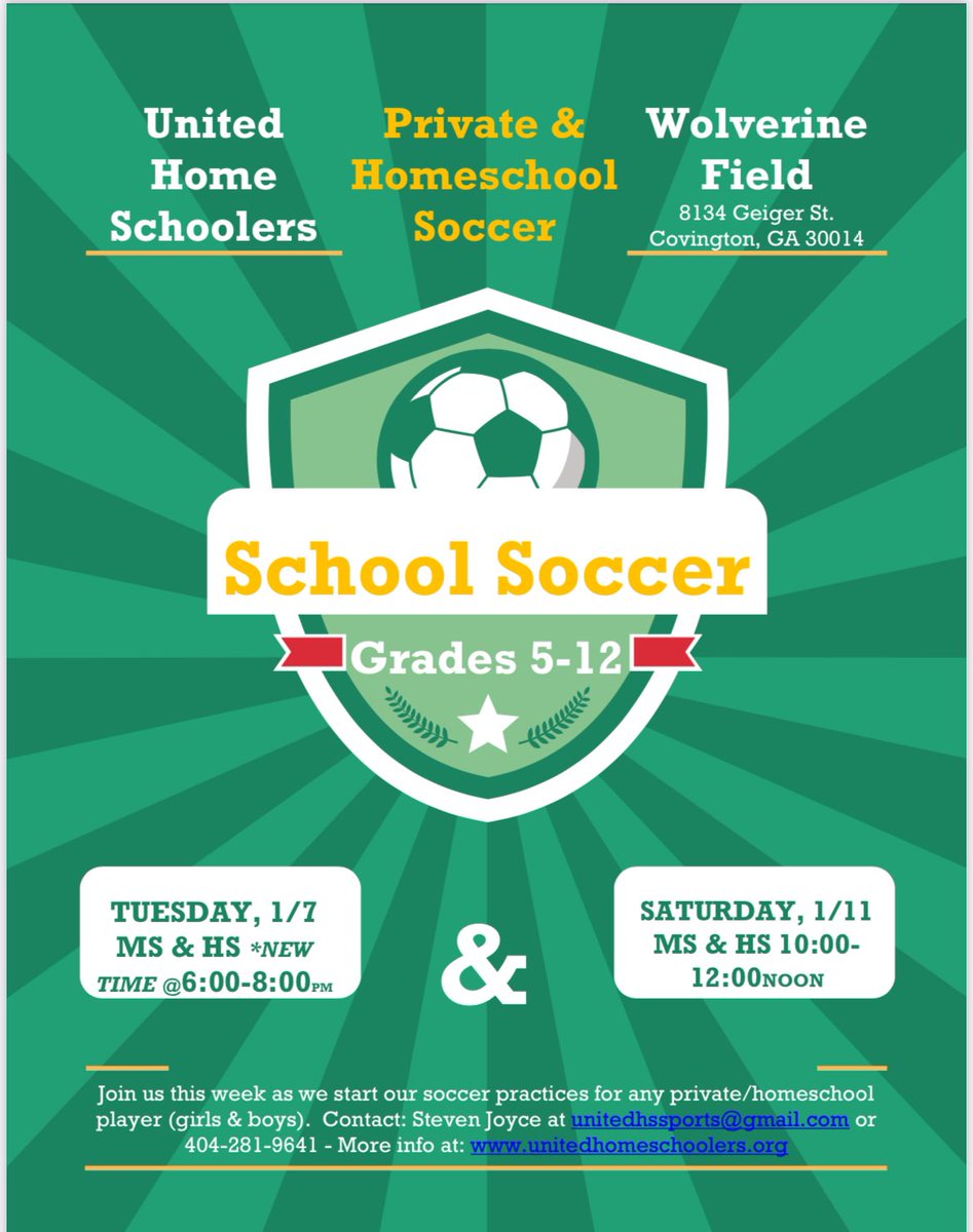 Calling all private school &amp; homeschool soccer players! <a href="/UnitedHSSports/">United Home Schoolers Sports Teams</a> wants u to join us (5th-12th grade).

Wolverine Field; 8134 Geiger St; Covington, GA 30014
-Tuesday, 1/7 Regular Practice, 6-8pm for MS &amp; HS boys and girls
-Saturday, 1/11 Regular Practice, 10:00am-12:00noon