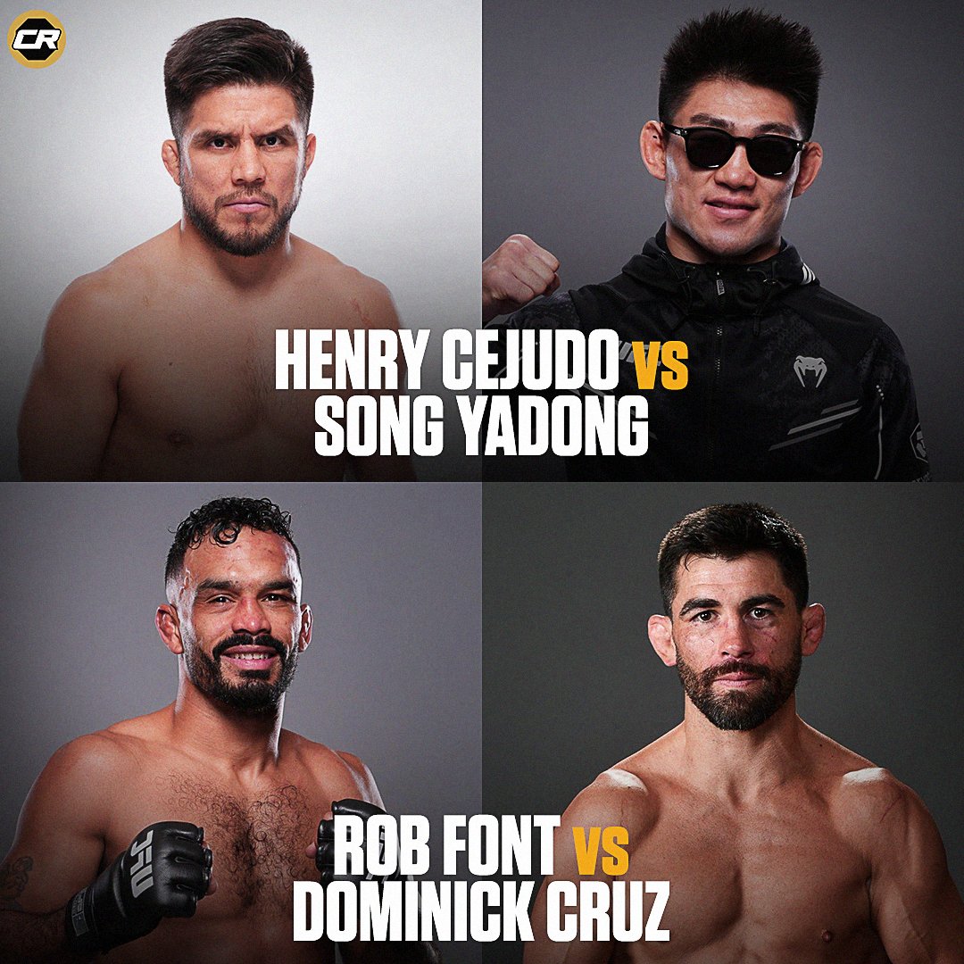 ChampRDS's tweet photo. 🚨 BREAKING! The #UFCSeattle main and co-main events on February 22nd are official!

Main Event: Henry Cejudo vs Song Yadong
Co-main Event: Rob Font vs Dominick Cruz

(per @MikeCoppinger) #UFC #MMA https://t.co/cv80ZVgmey