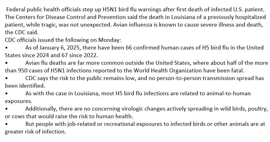 CDC warns against Avian influenza danger after first U.S. death in Louisiana. cdc.gov/bird-flu/preve…