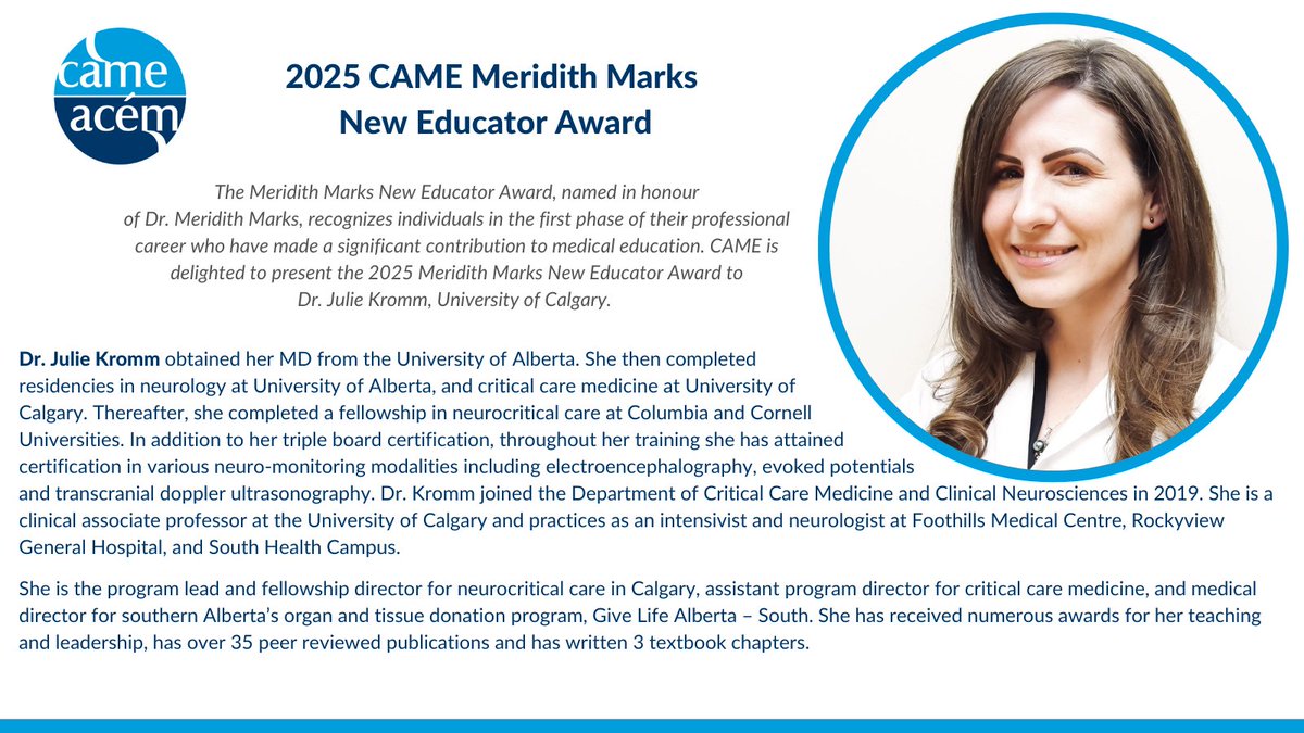 CAME-ACEM (@cameacem) on Twitter photo CAME is delighted to present the 2025 Meridith Marks New Educator Award to Dr. Julie Kromm, University of Calgary #MedEd CAME is delighted to present the 2025 Meridith Marks New Educator Award to Dr. Julie Kromm, University of Calgary #MedEd