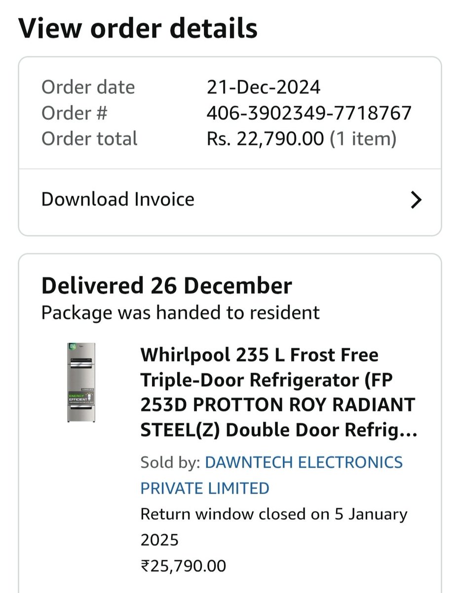 alokp231's tweet photo. To @amazonIN, I have ordered a product product(s) Whirlpool 235 L Frost Free Triple-Door Refrigerator (FP 253D PROTTON ROY RADIANT STEEL(Z) 2024 Model) with order id 406-3902349-7718767, i have not received my order and it shows delivered. #consumerComplaint #CustomerService https://t.co/G9qI5ZUiDn