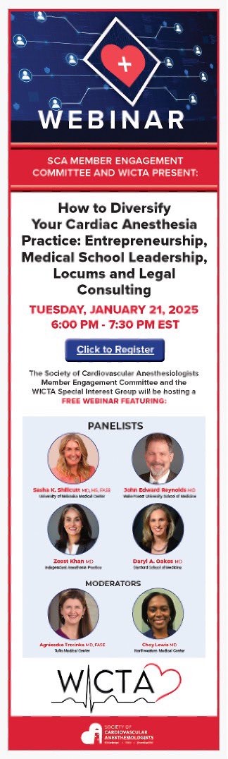 Agnieszka Trzcinka, MD, FASE (@drtrzcinka) on Twitter photo 🔑 to success in 2025: 1/21/25 webinar by <a href="/WomenInCTAnes/">WomenInCTAnes</a> & <a href="/scahq/">Society of Cardiovascular Anesthesiologists | SCA</a> with star #faculty:
💫<a href="/SashaShillcutt/">Sasha Shillcutt MD</a> :#Entrepreneurship
💫<a href="/daryloakes4/">Daryl Oakes</a> :#medicaleducation & #CME
💫<a href="/doctor_zeest/">Zeest Khan, MD</a> : #locums
💫 Dr. Reynolds: #expertwitness work
Please register here:
scahq.memberclicks.net/WICTA-webinar-… 🔑 to success in 2025: 1/21/25 webinar by <a href="/WomenInCTAnes/">WomenInCTAnes</a> & <a href="/scahq/">Society of Cardiovascular Anesthesiologists | SCA</a> with star #faculty:
💫<a href="/SashaShillcutt/">Sasha Shillcutt MD</a> :#Entrepreneurship
💫<a href="/daryloakes4/">Daryl Oakes</a> :#medicaleducation & #CME
💫<a href="/doctor_zeest/">Zeest Khan, MD</a> : #locums
💫 Dr. Reynolds: #expertwitness work
Please register here:
scahq.memberclicks.net/WICTA-webinar-…