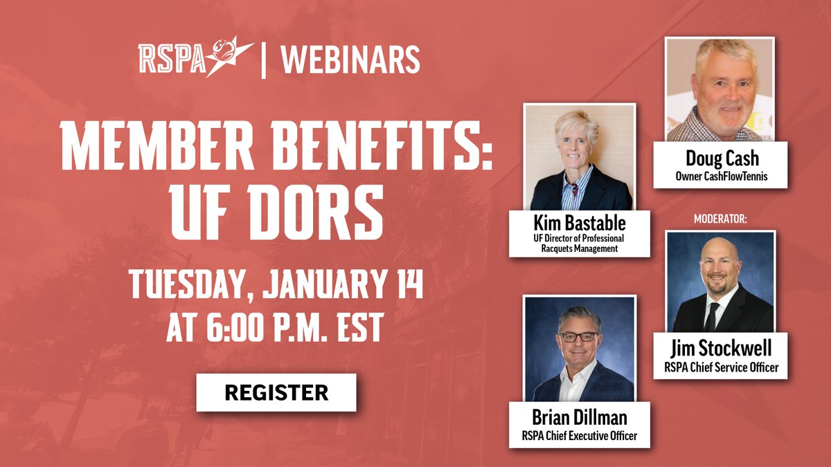 rspaHQ's tweet photo. Our rescheduled webinar is back on the calendar! ✨ Join us on January 14 to discover the benefits of the UF Directors of Racquet Sports Certification and its valuable connection with RSPA. 

Click the link to register: https://t.co/Y50buIUWHJ https://t.co/Cbu8NRmqgv