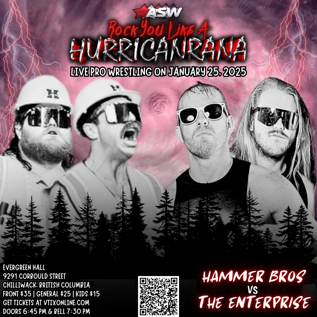 ASWCANADA's tweet image. Chilliwack, we are coming to Rock You Like a Hurricanrana!

It may happen with a match like this. Former ASW Tag Champs The Enterprise (@justycider and @Exceptional_CJ) will be taking on Jack and Sledge, the Hammer Brothers!

@jackandsledge may just deconstruct everything that