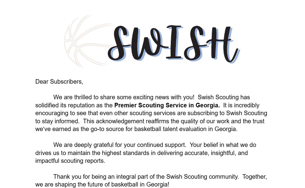 swish_scout's tweet image. Swish Scouting is proud to be Georgia’s Premier Scouting Service! Even other scouting services are subscribing to us—proof of our unmatched quality. Thank you to our subscribers for your incredible support! 🏀
#SwishScouting #BasketballScouting