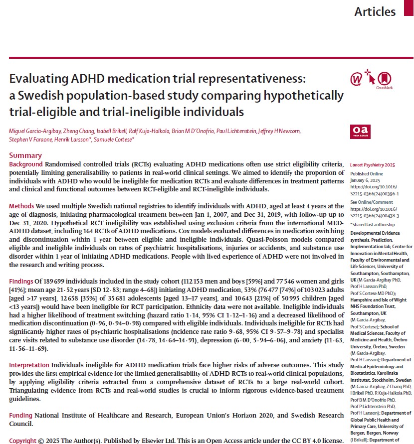 Samuele Cortese (@cortesesamuele) on Twitter photo Our paper in The Lancet Psychiatry led by the brilliant <a href="/argibay_miguel/">Miguel Garcia-Argibay</a>: 53% of
individuals with #ADHD in real-world would be ineligible for randomised controlled trials.
Triangulating evidence from RCTs and real-world studies is crucial.
thelancet.com/journals/lanps… Our paper in The Lancet Psychiatry led by the brilliant <a href="/argibay_miguel/">Miguel Garcia-Argibay</a>: 53% of
individuals with #ADHD in real-world would be ineligible for randomised controlled trials.
Triangulating evidence from RCTs and real-world studies is crucial.
thelancet.com/journals/lanps…