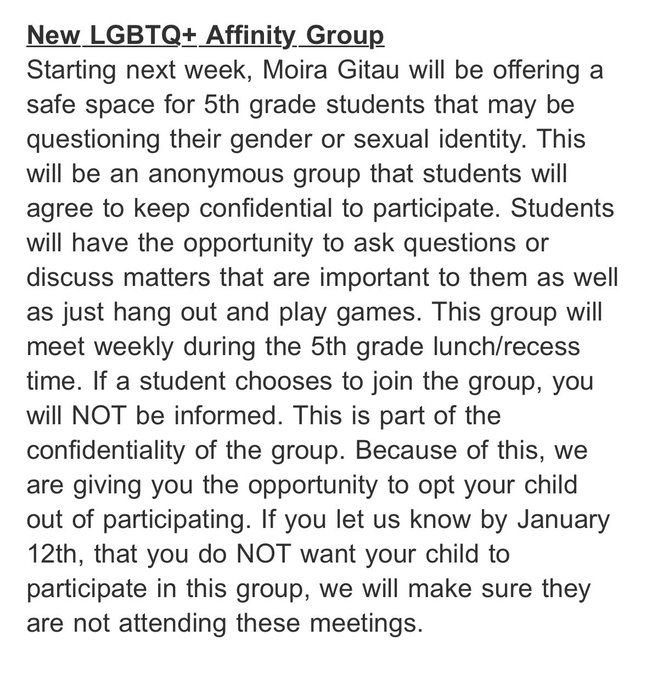 libsoftiktok's tweet photo. SCOOP: Lincolnwood Elementary School (@District65) in Illinois sent a newsletter to parents informing them of a new confidential LGBTQ group for 5th graders who are “questioning their gender and sexual identity.” If parents don’t opt out, they will NOT be told if their child joins the group.

Moira Gitau, a self-described “they/them,” is the teacher responsible for running the group.
