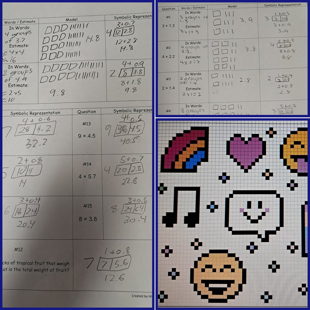 mmes_math's tweet photo. Grade 7s practiced multiplying decimals using the partial products strategy and a self checking pixel art activity. @S_Achkar #iteachmath #mtbos #HRCEmath https://t.co/Qk8ZxJ6egh