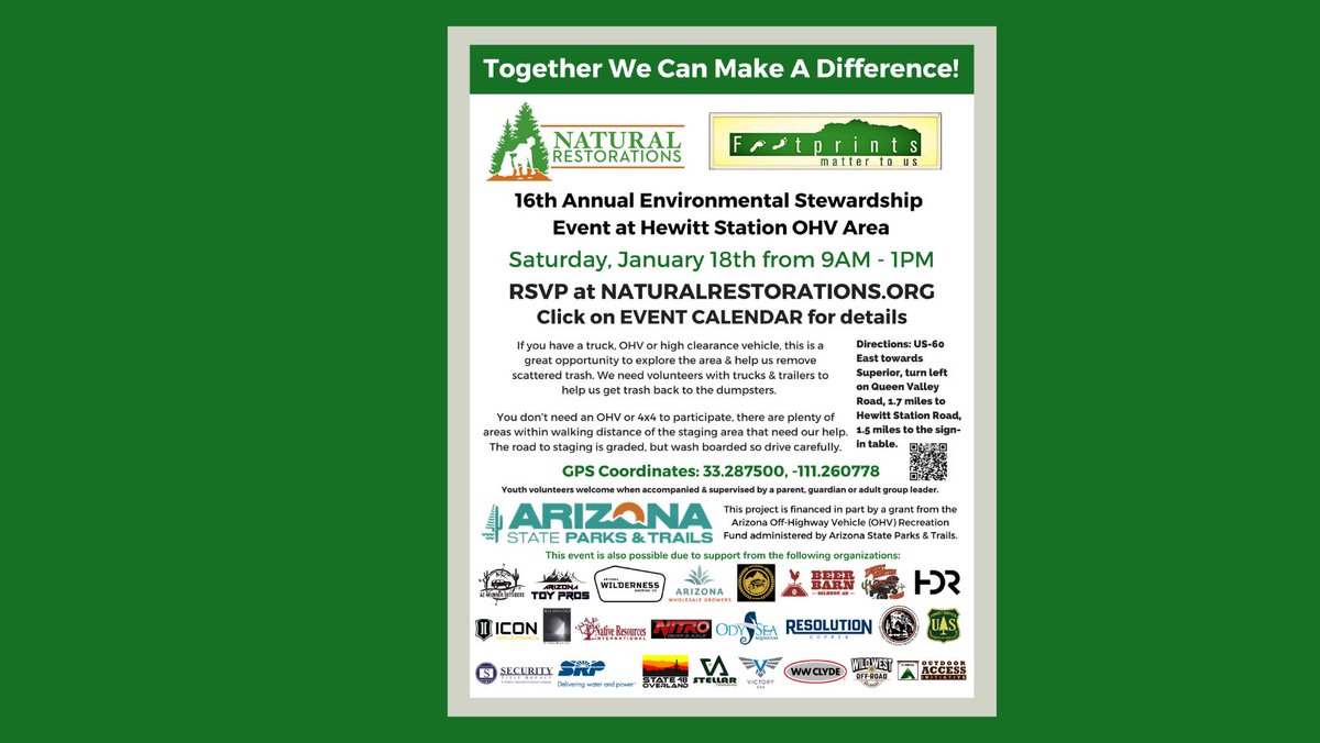 Don't miss the 16th annual Hewitt Station Cleanup on the <a href="/TontoForest/">Tonto National Forest</a> on 1/18/25. This project is financed in part by a grant from the Arizona Off-Highway Vehicle (OHV) Recreation Fund administered by
<a href="/AZStateParks/">Arizona State Parks</a>. eventbrite.com/e/111666141735…
.
