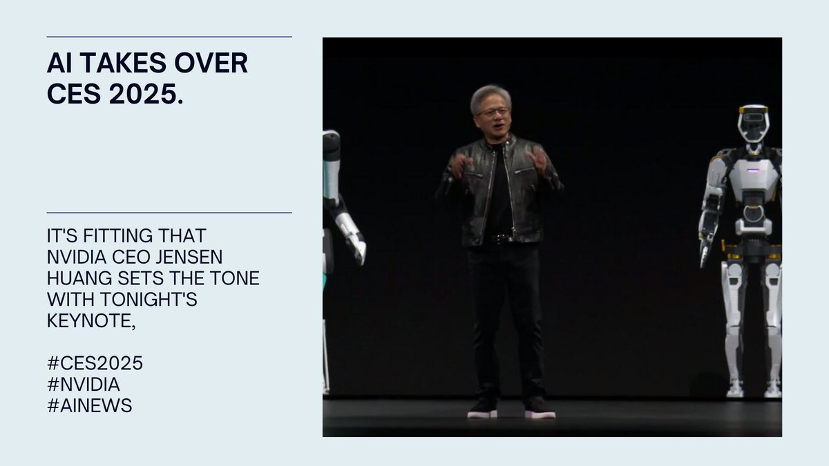 steveramosmedia's tweet photo. AI takes over CES 2025. It's fitting that NVIDIA CEO Jensen Huang sets the tone with tonight's keynote. Expect announcements on NVIDIA's RTX 5000 GPU and robotics.   #CES2025 #NVIDIA #RTX5000 #TechNews #ArtificialIntelligence #Robotics #GPUTechnology 
https://t.co/zEuPoPnfCL https://t.co/tFm2oM7OZV