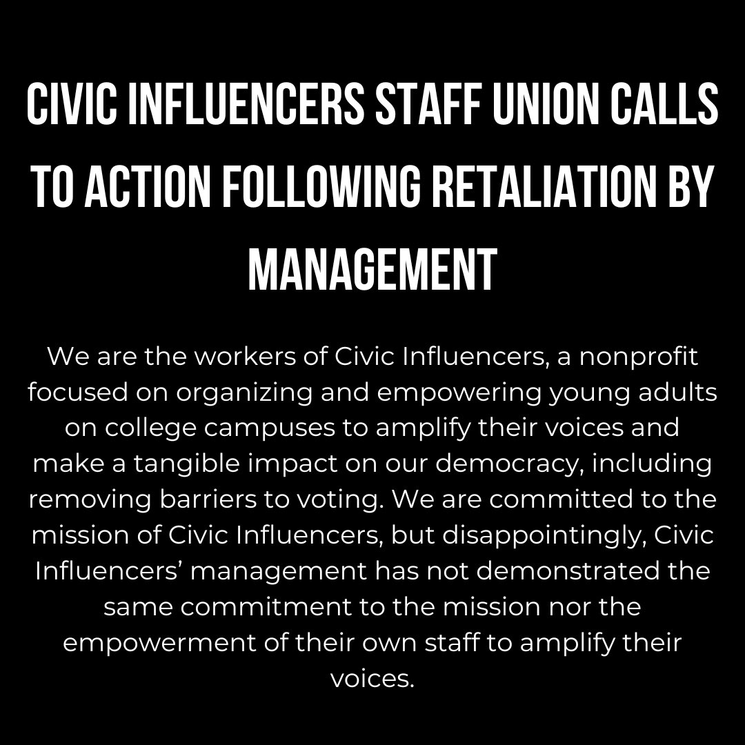 UPOTX's tweet photo. The workers of @Civic Influencers have formed a union, and in response, management has terminated virtually all of them. We call on the organization and its board to cease their campaign of retaliation and to bargain with us in good faith. Learn more about our fight below ✊ https://t.co/hexz5Isku1