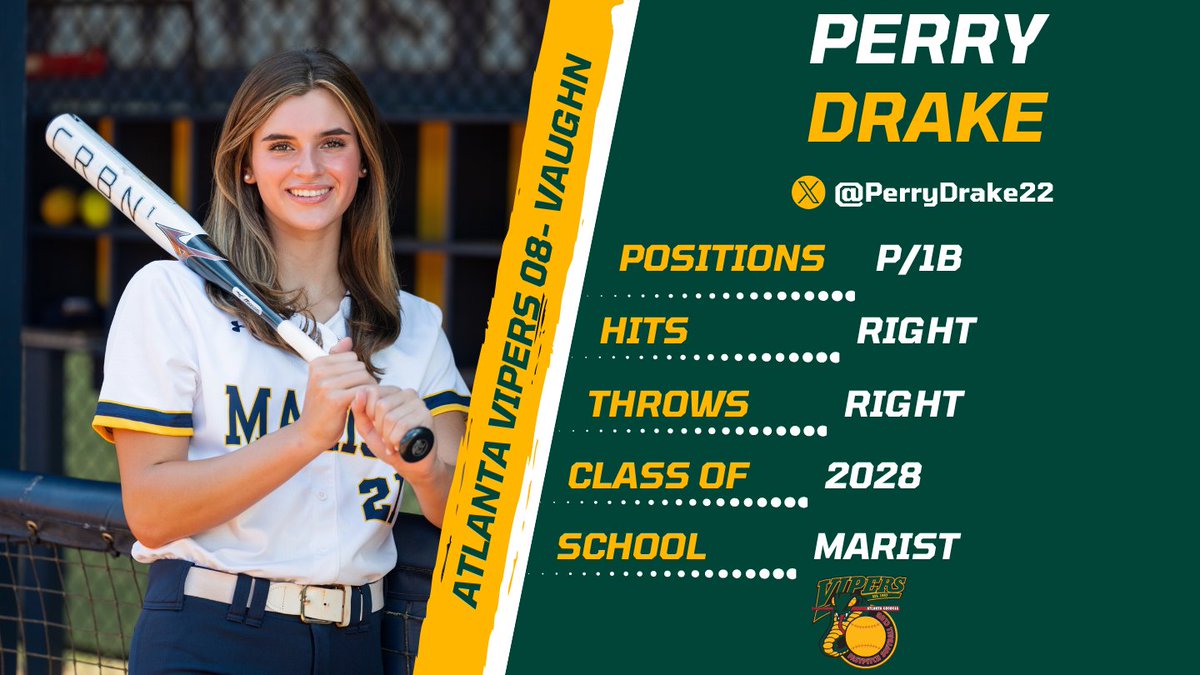 Atlanta Vipers 08 - Vaughn (@vipers08vaughn) on Twitter photo We are excited to announce the addition of <a href="/PerryDrake22/">Perry Drake</a> to our team! Perry is a 1st Team All Region Pitcher from Marist HS, and we are thrilled to add her to our staff! Perry will also add power to our lineup and help hold down 1B when she isn’t on the mound. Welcome, Perry! We are excited to announce the addition of <a href="/PerryDrake22/">Perry Drake</a> to our team! Perry is a 1st Team All Region Pitcher from Marist HS, and we are thrilled to add her to our staff! Perry will also add power to our lineup and help hold down 1B when she isn’t on the mound. Welcome, Perry!