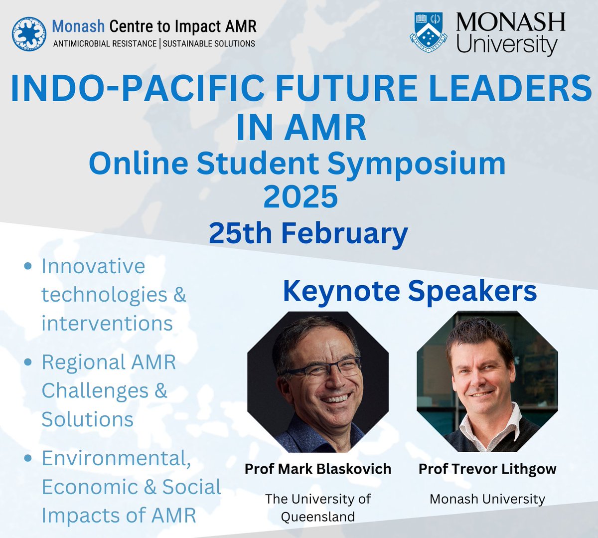 Registrations are open to attend our #AMR online student symposium on February 25, 2025. There's still time to submit abstracts! Submissions close this Friday, January 10⌛️
Register here: eventbrite.com/e/indo-pacific…
Submit abstracts here: forms.gle/r8gjCDtTsv3nMj…