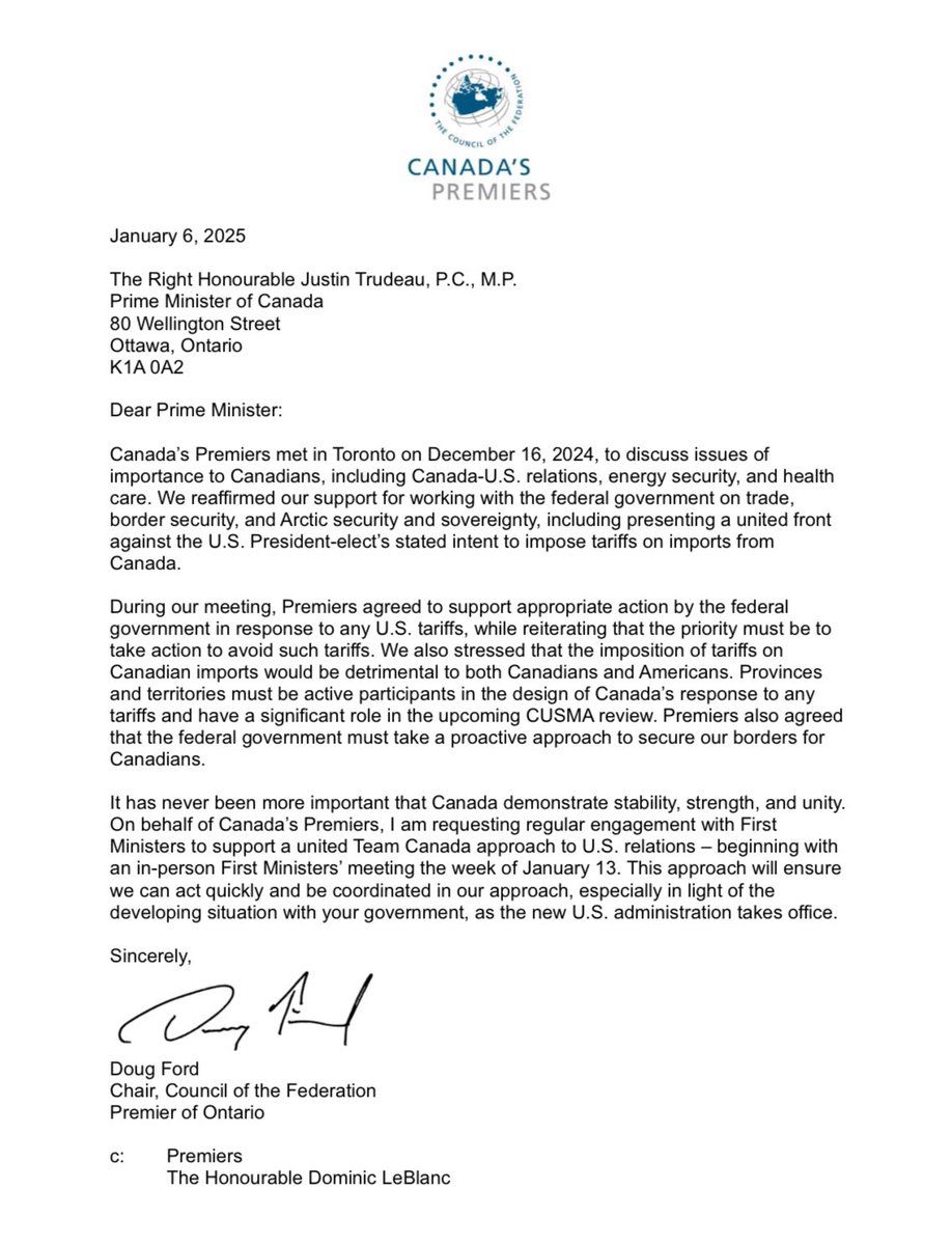 Regardless of the political situation in Ottawa, over the next fourteen days the prime minister must be squarely focused on doing everything possible to prevent U.S. tariffs. This includes fulfilling his commitment to regularly meet with Canada’s premiers to support a Team Canada