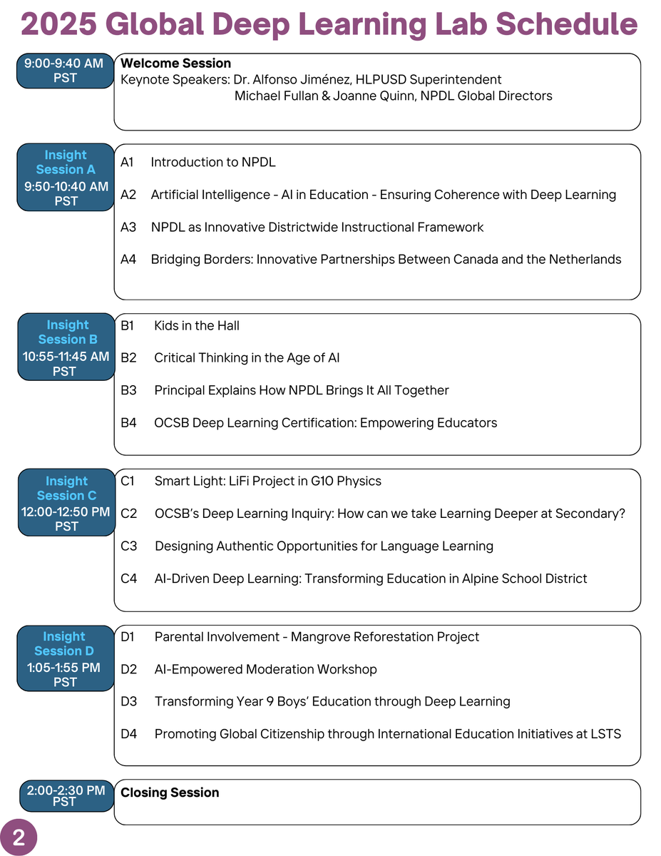 max drummy (@maxdrummy) on Twitter photo We <a href="/MichaelFullan1/">Michael Fullan</a> <a href="/joannequinn88/">Joanne Quinn</a> are excited to announce our #NPDL 2025 Virtual Global Deep Learning Lab.
The <a href="/NewPedagogies/">NPDL</a> DLL is on February 19, 2025, from 09:00 – 14:30 PST.
Details: deep-learning.global/dll2025/
Registration - free, but essential. bit.ly/DLL25REG We <a href="/MichaelFullan1/">Michael Fullan</a> <a href="/joannequinn88/">Joanne Quinn</a> are excited to announce our #NPDL 2025 Virtual Global Deep Learning Lab.
The <a href="/NewPedagogies/">NPDL</a> DLL is on February 19, 2025, from 09:00 – 14:30 PST.
Details: deep-learning.global/dll2025/
Registration - free, but essential. bit.ly/DLL25REG