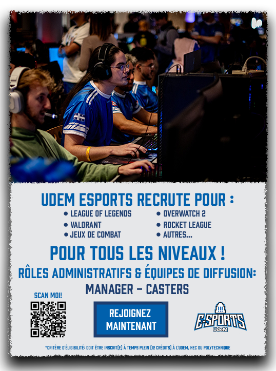 𝗨𝗗𝗘𝗠 𝗘𝗦𝗣𝗢𝗥𝗧𝗦 𝗥𝗘𝗖𝗥𝗨𝗧𝗘 !

Si vous êtes intéressé(e) à faire partie de notre Club d'Esports, voici les jeux auxquels nous évoluons, ainsi que les dates des try-outs ci-dessous !

Le tout sur notre Discord : 
discord.gg/VYJXk4NBFe

#AllezLesBleus🔵⚪️🔵