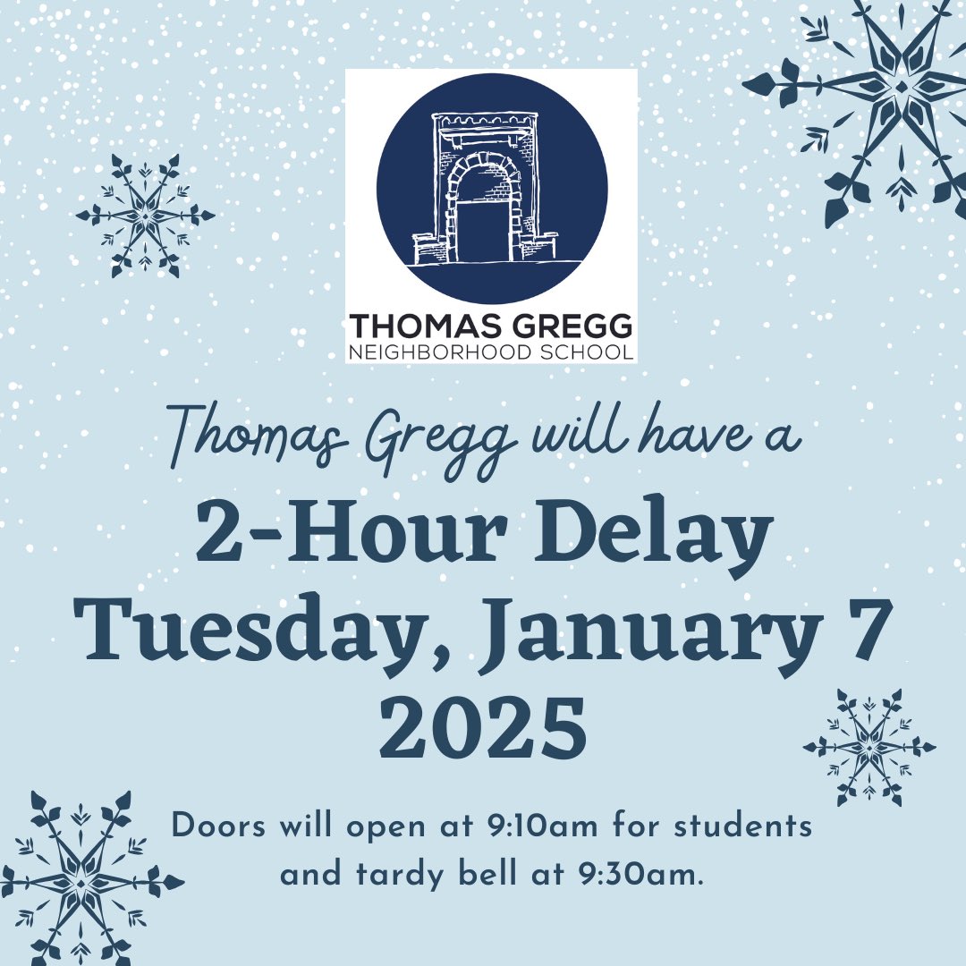 TGNS will operate on a 2-Hour Delay on Tuesday, January 7, 2025.  Class will start at 9:30am.