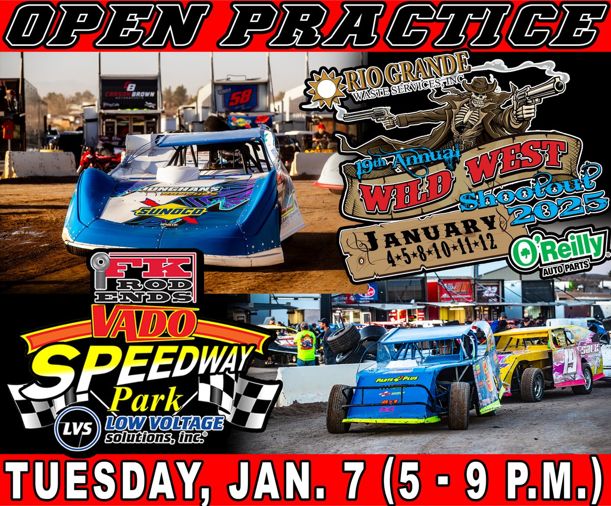 REMINDER: Tomorrow - Tuesday, Jan. 7 - there will be an Open Practice Session for Super Late Models, Modifieds &amp; X-Mods from 5-9 p.m. MT at <a href="/fkrodends/">Team FK</a> <a href="/VadoSpeedway/">Vado Speedway Park</a>. There's no charge for pit passes or grandstand admission. Any team who would like to practice it's a cost of $250.
